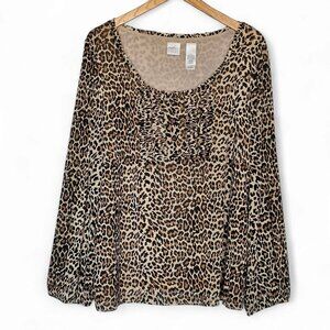 Emma‎ James Top Size 3X Leopard Animal Print Sheer Long Sleeve Ruched Front